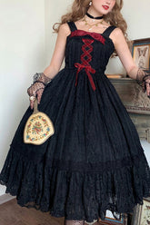 Black Solid Color Elegant Vintage Rose Multi-Layer Embroidery Ruffled Sweet Lolita JSK Dress